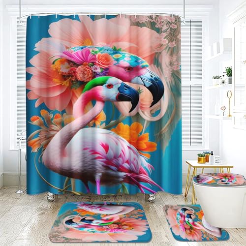 Goplnma Flamingo Duschvorhang 180 x 200 180 x 180 Rosa Flamingo Duschvorhänge Wasserdichtes Polyeste Süßes Flamingo Muster Duschvorhang Badezimmermatte 4-teiliges Set (180 x 200 cm,2) von Goplnma