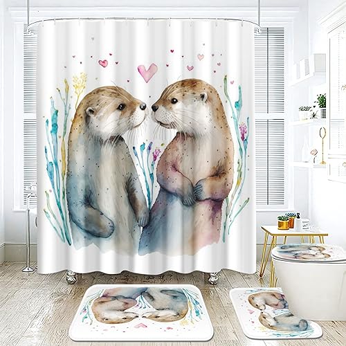 Goplnma Otter Duschvorhang Seeotter 3D Süßes Otter Duschvorhang 180 x 200 180 x 180 Otter Duschvorhänge Wasserdichtes Polyeste Badezimmermatte 4-teiliges Set (180 x 180 cm,4) von Goplnma