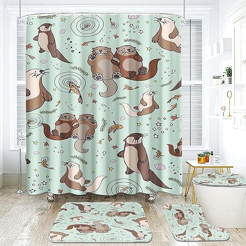 Goplnma Otter Duschvorhang Seeotter 3D Süßes Otter Duschvorhang 180 x 200 180 x 180 Otter Duschvorhänge Wasserdichtes Polyeste Badezimmermatte 4-teiliges Set (180 x 200 cm,1) von Goplnma