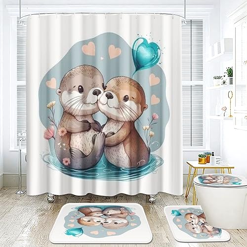Goplnma Otter Duschvorhang Seeotter 3D Süßes Otter Duschvorhang 180 x 200 180 x 180 Otter Duschvorhänge Wasserdichtes Polyeste Badezimmermatte 4-teiliges Set (180 x 200 cm,2) von Goplnma