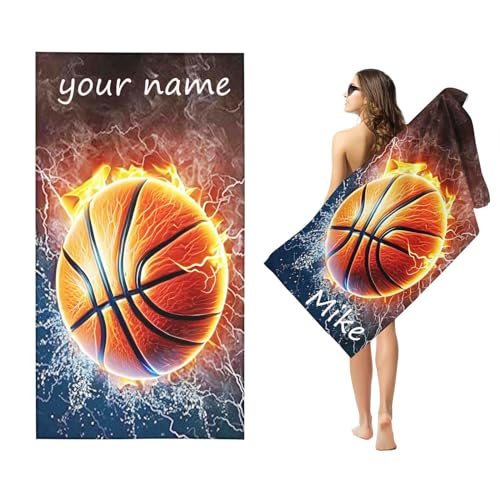 Goplnma Personalisiert Basketball Strandtuch Mit Namen, Basketball Handtuch mit Namen Badetuch für Jungen, Mikrofaser Strandtuch Groß 90x180cm Badetuch Handtuch Basketball für Strand (100 x 200 cm,1) von Goplnma