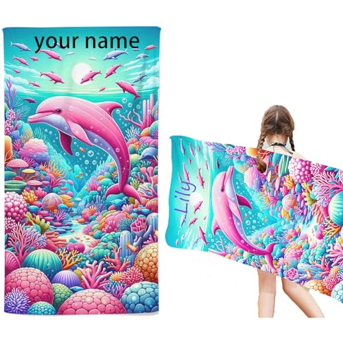 Goplnma Personalisiert Dolphin Strandtuch Mit Namen, Pink Dolphin Handtuch mit Namen Badetuch für Kinder, Mikrofaser Strandtuch Groß 90x180cm Badetuch Handtuch für Strand (60 x 120 cm,1) von Goplnma