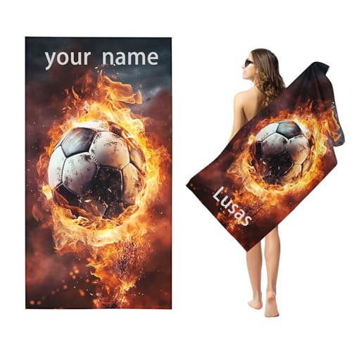Goplnma Personalisiert Fußball Strandtuch Mit Namen, Fußball Handtuch mit Namen Badetuch für Jungen, Mikrofaser Strandtuch Groß 90x180cm Badetuch Handtuch Fußball für Strand (60 x 120 cm,1) von Goplnma