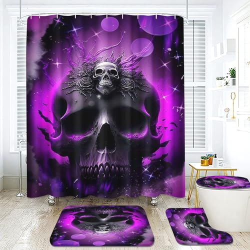 Goplnma Totenkopf Duschvorhang 180 x 200 180 x 180 Gothic Skull Duschvorhänge Wasserdichtes Polyester Cartoon Duschvorhang Badezimmermatte 4-teiliges Set (180 x 200 cm,2) von Goplnma