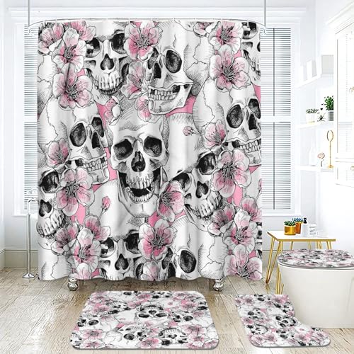 Goplnma Totenkopf Duschvorhang 180 x 200 180 x 180 Gothic Skull Duschvorhänge Wasserdichtes Polyester Cartoon Duschvorhang Badezimmermatte 4-teiliges Set (180 x 200 cm,8) von Goplnma