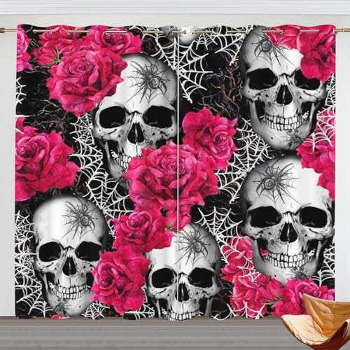 Goplnma Vorhänge Totenkopf Gardinen Blickdicht mit Ösen Gothic Vorhänge Skull 3D Verdunkelungsvorhäng Totenkopf rosa 2er Set Gardinen für Dekoration (100x140cm(BxH)/ 50x140cmx2,6) von Goplnma