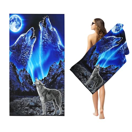Goplnma Wolf Mikrofaser Handtücher - Strandtuch 90x180 cm Wolf Badetuch Strandlaken 3D Wolf Thema Badetuch groß 100x200 Strandhandtuch Mikrofaser Handtücher 50x100cm (70 x 140 cm,2) von Goplnma