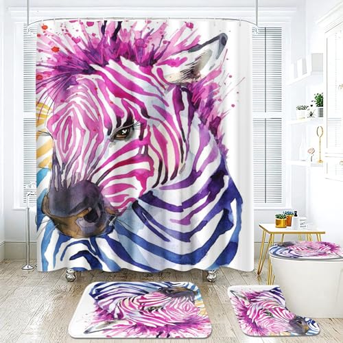 Goplnma Zebra Duschvorhang 180 x 200 180 x 180 Cartoon Zebra Duschvorhänge Wasserdichtes Polyester 3D Zebra Duschvorhang Badezimmermatte 4-teiliges Set (180 x 180 cm,1) von Goplnma