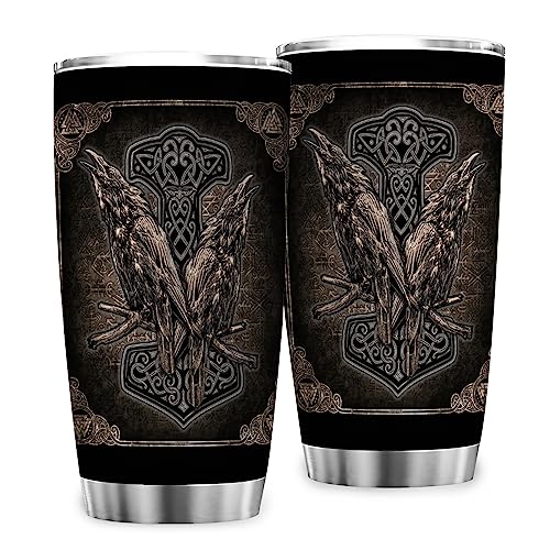 Reisebecher Kaffeebecher Wikinger Nordische Thor Hammer Raben Thermobecher Edelstahl Vakuumisoliert Becher Tassen mit spritzwassergeschütztem Deckel Trinkbecher kaffeetasse von Gopumchy