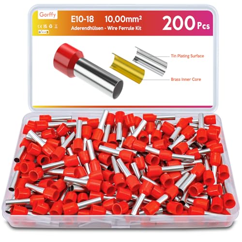 Gorffy 200 Stück Aderendhülsen 10mm2, Rot Aderendhülsen Set 10mm² x 18mm, Isoliert Aderendhülse 10mm2 für Drahtverbindung von Gorffy