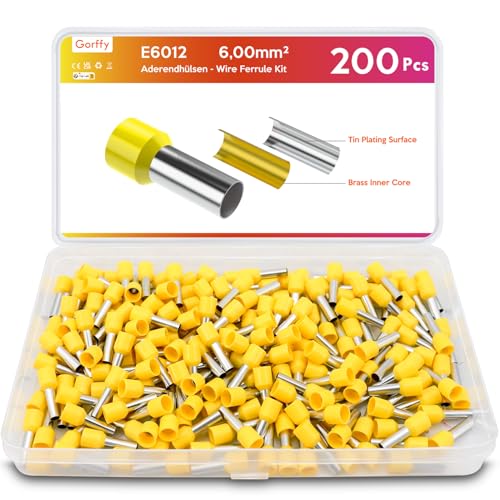 Gorffy 200 Stück Aderendhülsen 6mm2, Aderendhülsen Set 6mm2 x 12mm, Gelb Aderendhülsen Isoliert, Aderendhülse Set für Drahtverbindung von Gorffy
