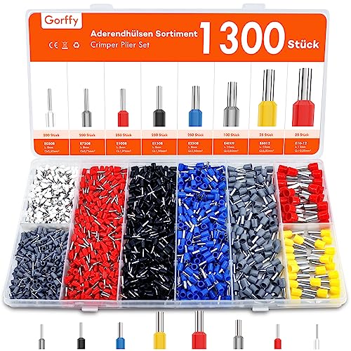 Gorffy Aderendhülsen Set 1300 Stück, Aderendhülsen 0,5 mm² - 10 mm², Isolierte Aderendhülsen Sortiment, Aderendhülse Set für Drahtverbindung von Gorffy