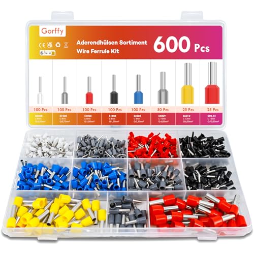 Gorffy Aderendhülsen Set 600 Stück, Isolierte Aderendhülsen Sortiment 0,5 mm² - 10 mm², Aderendhülse Set für Drahtverbindung von Gorffy