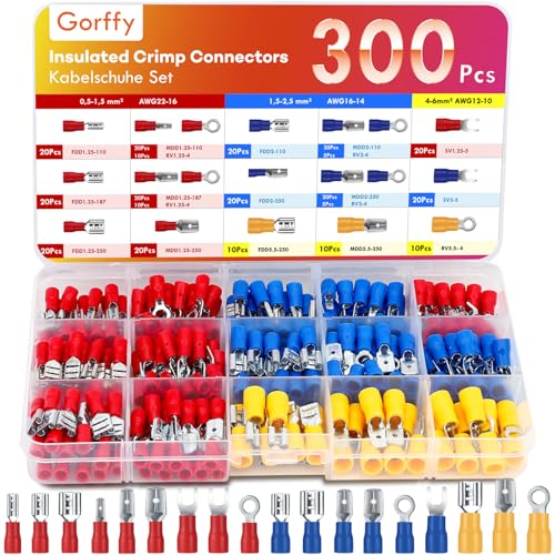 Gorffy Kabelschuhe 300 Pcs, Flachsteckhülsen Sortiment 0,5-6,0mm², Elektro Flachstecker, KFZ Quetschverbinder Set aus verzinnten messingeinsätzen, Bunt von Gorffy