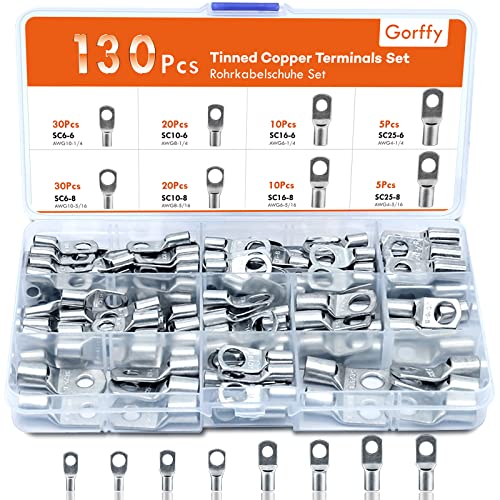 Gorffy Kabelschuhe Rohrkabelschuhe Set 130 Pcs, Kabelschuhe Set 25mm² 16mm² 10mm² 6mm², Kabelschuh Sortiment für Kfz Batteriekabel, Ringkabelschuhe Set M6 M8 von Gorffy
