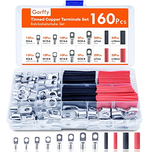 Gorffy Kabelschuhe Rohrkabelschuhe Set 160 Pcs, Kabelschuhe Set 25mm² 16mm² 10mm² 6mm², Kabelschuh Sortiment für Kfz Batteriekabel M6 M8, 80 Pcs Ringkabelschuhe Set + 80 Pcs Schrumpfschlauch von Gorffy