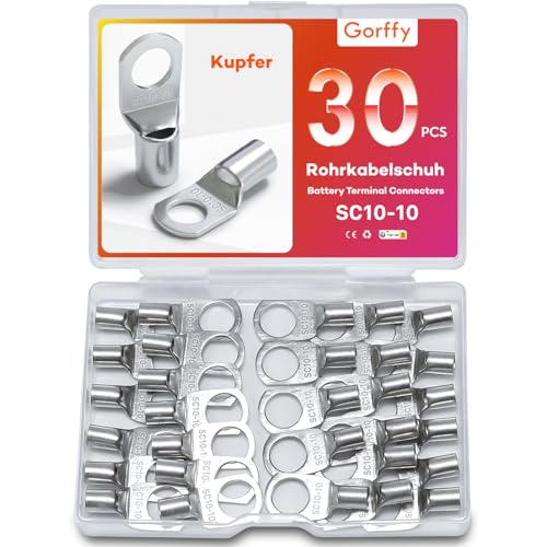 Gorffy Rohrkabelschuhe Set 30 Stück, SC10-10 Kabelschuhe Set, Verzinntes Kupfer Ringkabelschuhe Set, SC Rohrkabelschuh Set, Kabelschuhe 10mm², Rohrkabelschuhe M10 für Kfz Batteriekabel von Gorffy