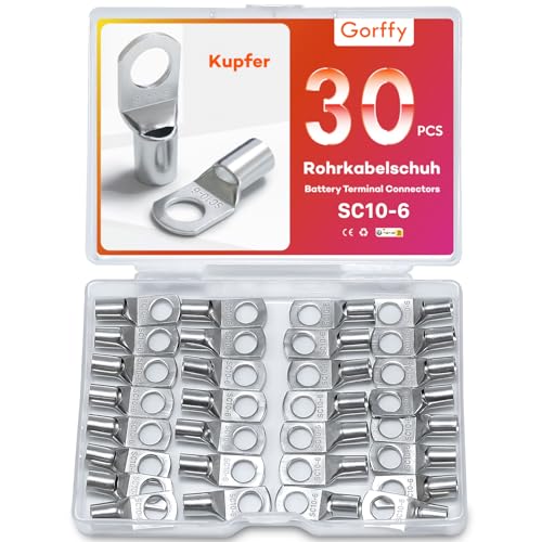 Gorffy Rohrkabelschuhe Set 30 Stück, SC10-6 Kabelschuhe Set, Verzinntes Kupfer Ringkabelschuhe Set, SC Rohrkabelschuh Set, Kabelschuhe 10mm², Rohrkabelschuhe M6 für Kfz Batteriekabel von Gorffy