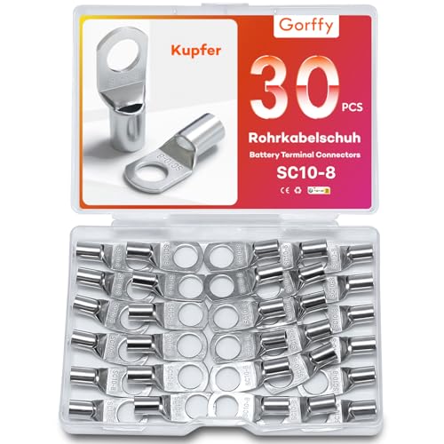 Gorffy Rohrkabelschuhe Set 30 Stück, SC10-8 Kabelschuhe Set, Verzinntes Kupfer Ringkabelschuhe Set, SC Rohrkabelschuh Set, Kabelschuhe 10mm², Rohrkabelschuhe M8 für Kfz Batteriekabel von Gorffy
