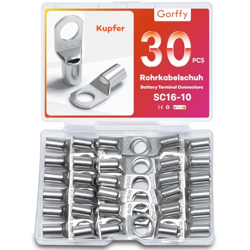 Gorffy Rohrkabelschuhe Set 30 Stück, SC16-10 Kabelschuhe Set, Verzinntes Kupfer Ringkabelschuhe Set, SC Rohrkabelschuh Set, Kabelschuhe 16mm², Rohrkabelschuhe M10 für Kfz Batteriekabel von Gorffy