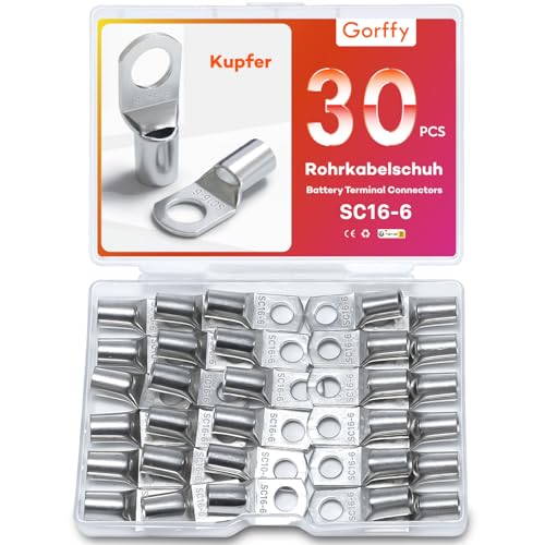 Gorffy Rohrkabelschuhe Set 30 Stück, SC16-6 Kabelschuhe Set, Verzinntes Kupfer Ringkabelschuhe Set, SC Rohrkabelschuh Set, Kabelschuhe 16mm², Rohrkabelschuhe M6 für Kfz Batteriekabel von Gorffy