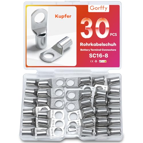Gorffy Rohrkabelschuhe Set 30 Stück, SC16-8 Kabelschuhe Set, Verzinntes Kupfer Ringkabelschuhe Set, SC Rohrkabelschuh Set, Kabelschuhe 16mm², Rohrkabelschuhe M8 für Kfz Batteriekabel von Gorffy