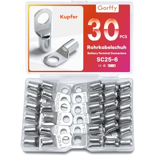 Gorffy Rohrkabelschuhe Set 30 Stück, SC25-6 Kabelschuhe Set, Verzinntes Kupfer Ringkabelschuhe Set, SC Rohrkabelschuh Set, Kabelschuhe 25mm², Rohrkabelschuhe M6 für Kfz Batteriekabel von Gorffy