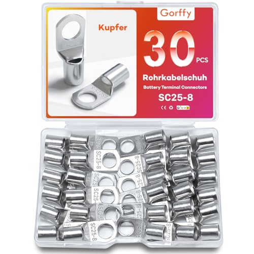 Gorffy Rohrkabelschuhe Set 30 Stück - SC25-8 Kabelschuhe, Verzinntes Kupfer Ringkabelschuhe, SC Rohrkabelschuh, 25mm², M8 für Kfz Batteriekabel von Gorffy