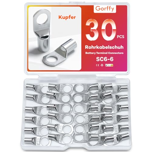 Gorffy Rohrkabelschuhe Set 30 Stück, SC6-6 Kabelschuhe Set, Verzinntes Kupfer Ringkabelschuhe Set, SC Rohrkabelschuh Set, Kabelschuhe 6mm², Rohrkabelschuhe M6 für Kfz Batteriekabel von Gorffy