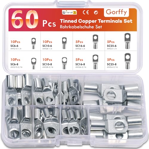 Gorffy Rohrkabelschuhe Set 60 Stück, Kabelschuhe Set 25mm² 16mm² 10mm² 6mm², Verdicktes Kupfer Ringkabelschuhe Set, Schwerlastbereich M6 & M8 Rohrkabelschuh Set für Auto und Boote von Gorffy
