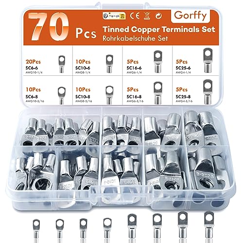 Gorffy Rohrkabelschuhe Set 70 Pcs, Kabelschuhe Set 25mm² 16mm² 10mm² 6mm², Rohrkabelschuh Set Sortiment für Kfz Batteriekabel, Ringkabelschuhe Set M6 M8 von Gorffy