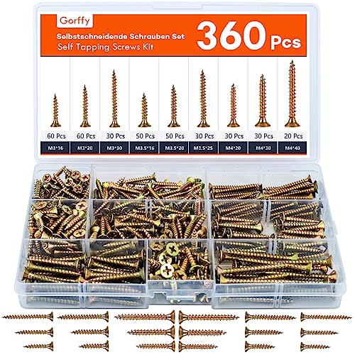 Gorffy Schrauben Set, 360 PCS Holzschrauben, Selbstschneidende Schrauben mit Senkkopf, Holzschrauben Sortiment mit Aufbewahrungsbox für DIY-Projekt, Reparatur von Gorffy