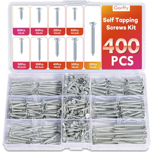 Gorffy Schrauben Set, 400 Stück Holzschrauben Set, M3,M3.5,M4 Schraubensortiment Senkkopf, Holzschrauben Sortiment mit Aufbewahrungsbox für DIY-Projekt, Reparatur von Gorffy