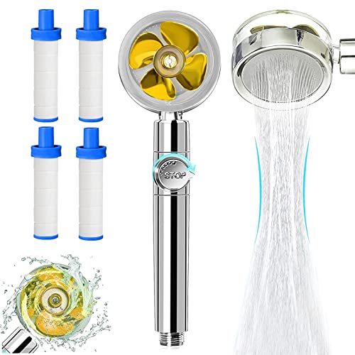 Wassersparende Hochdruck-Dusche, Propeller-Duschkopf mit 4 neuen Upgrades-Filtern, 360 Grad drehbarer Propeller-angetriebener Handbrause, Turbo-Lüfter-Antrieb, Spa-Duschkopf (Gold) von Gorger