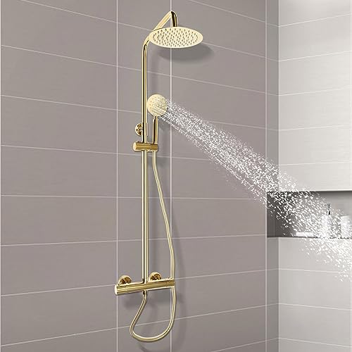 Messing Gold Duschsystem, Thermostat Messing Mischbatterie Duschset 3 Modus mit Regendusche Handbrause Kopf Höhenverstellbar 70-110cm von Gorgivous