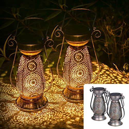 Görvitor 2 Stück Solar Laternen für Draußen, IP44 Wasserdicht Metall Solarlaterne für Außen Orientalische, Warmweiß LED Solarlampen für Außen Garten Hängend Balkon Deko Vintage Gartendeko von Görvitor