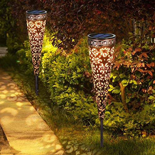 Metall Vintage Solarlampen, Görvitor IP65 Wasserdicht Garten Solarleuchten für Außen, Warmweiß LED Solar Gartenleuchten mit Erdspieß Deko für Terrasse Blumenkasten Balkon (2 Stück) von Görvitor