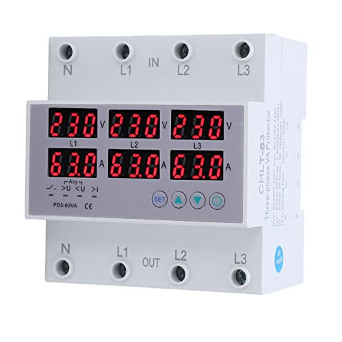 3-Phasen-DIN-Schienen-Voltmeter-Leistungsmesser, AC 390‑500 V Digital-Amperemeter Automatischer Überspannungs-Überstromschutz, 3-Phasen-Watt-kWh-Ampere-Elektrizitätstester (40A) von Goshyda