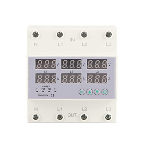 3-Phasen-DIN-Schienen-Voltmeter-Leistungsmesser, AC 390‑500 V Digital-Amperemeter Automatischer Überspannungs-Überstromschutz, 3-Phasen-Watt-kWh-Ampere-Elektrizitätstester (63A) von Goshyda