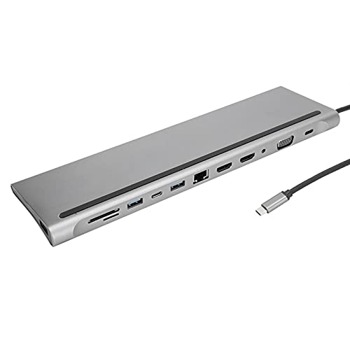 Goshyda 12-in-1-Dockingstation Typ C auf Dual, USB, VGA, PD, RJ45-Dockingstation mit 3,5-mm-Audioausgang, Zwei Kartensteckplätzen, Gigabit-Ethernet-Anschluss, 87-W-Schnellladung von Goshyda