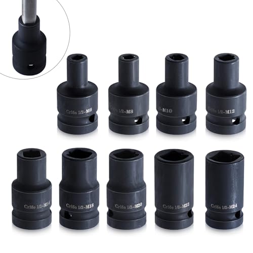Goshyda 9-teiliges Gewindebohrer-Steckschlüssel-Set, 1/2-Zoll-Antrieb, Vierkant-Steckschlüsselsatz, für Elektrische, Pneumatische, Handschlüssel, Cr-Molybdän-Stahl, Werkzeugzubehör von Goshyda