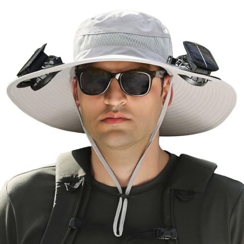 Goshyda Outdoor Wide Rand Sun Hut mit 2 Solarlüfter, USB und Solar mit Atmungsaktivem Fanglüfterhut, 3 -Geschwindigkeit Verstellbar, Zum Wanderradfahren (hellgrau) von Goshyda