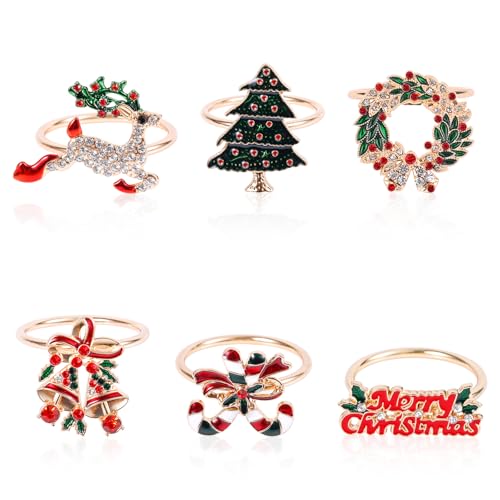 12stk Weihnachtsserviettenringe, 6 Designs Weihnachtsserviettenhalterschnalle Weihnachtsbaum Frohe Weihnachten Kranz Rentier Goldene Serviettenringe für Tisch Hochzeit Party Dekoration von Gosknor