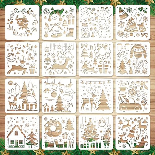16 Stk Weihnachtsschablonen zum Basteln, Wiederverwendbare Weihnachtsschablonen zum Malen Schneemann Weihnachtsmann Frohe Weihnachten Schablone zum Malen Basteln (Stil 1) von Gosknor
