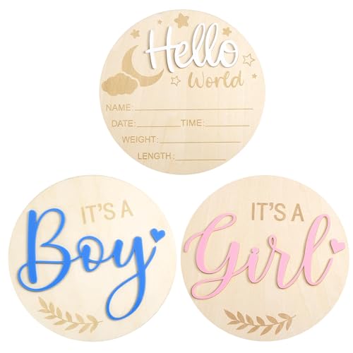 3 St Ankündigungsschild Baby, 14,8 cm Holzschild zur Bekanntgabe des Geschlechts Acryl Hallo Welt Namensschilder für Neugeborene Geburt Es ist ein Junge es Ist Ein Mädchen Baby-Ankunftsschild von Gosknor