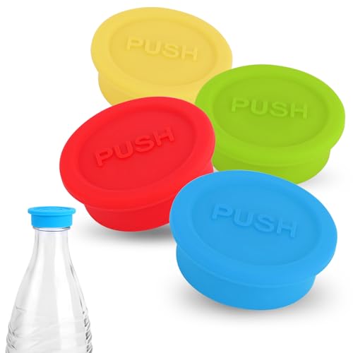 4stk Deckel Glasflasche für Sodastream, Silikon Verschlusskappenabdeckung für Trinkflaschen Wiederverwendbar Sodaflaschenverschluss Kompatibel mit -Glasflaschen (Rot, Gelb, Blau, Grün) von Gosknor