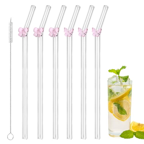 6stk Glasstrohhalme mit Anhängern und 1stk Reinigungsbürste, Wiederverwendbare Süße Glasstrohhalme mit Schmetterling und Schleife Temperaturbeständig Bruchfest Zubehör Kaffee Milch Saft(Pink) von Gosknor