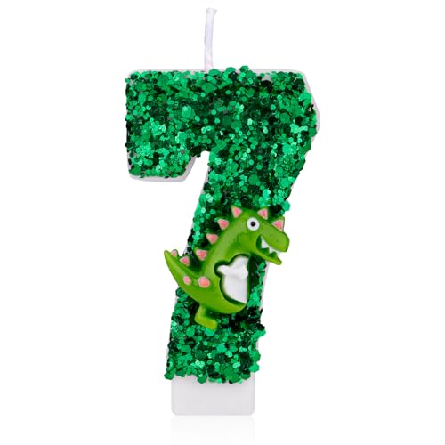Dinosaurier-Geburtstagskerze, Grüne Pailletten Geburtstagskerze Zahlenkerze 3D-Dinosaurier Kuchenkerze für Geburtstagsparty Dinosaurier Mottoparty Dekorationen (7) von Gosknor