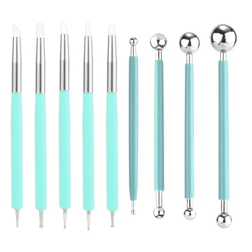 Gosknor 9stk Doppelseitiges Punktierwerkzeug, Vielseitig Einsetzbar Polymer-Ton Töpfer und Keramik-Schnitzset zum Prägen Formen von Lufttrocknendem Ton Nagelkunst Felsmalerei DIY-Basteln (Grün/Silber) von Gosknor