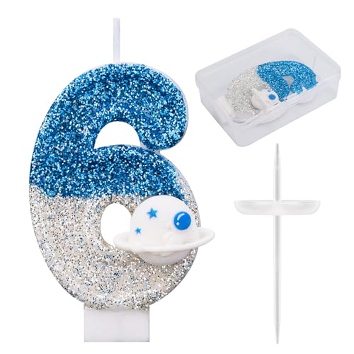 Weltraum-Geburtstagskerze, Glänzende Astronauten-Zahlenkerze Raumschiff Weltraum-Kuchenaufsatz Perfekte Universum-Rakete Raumschiff Kuchendekorationen und Partygeschenke(Nummer 6) von Gosknor